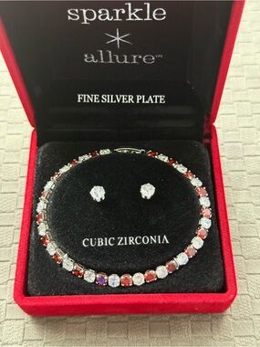 SIlver  Plated Red & Clear Cubic Zirconia Tennis Bracelet with Stud Earring